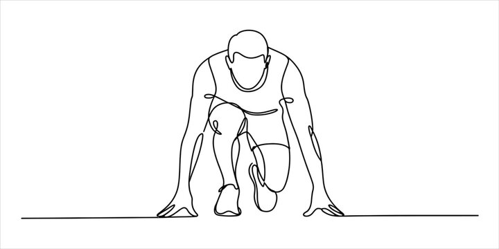 Continuous single line drawing of an athlete runner in a starting position ready to sprint on a track for a competitive race sport event Vector, illustration
