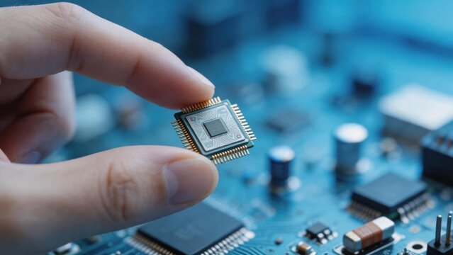 Hand holding microchip over circuit board