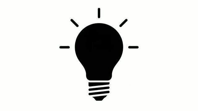 minimalist black and white flat design icon showing glowing light bulb symbol with three filament lines and single bright filament tip representing innovation idea inspiration creativity