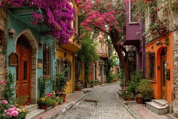 Fototapeta premium Charming cobblestone alley with vibrant flowers and colorful buildings