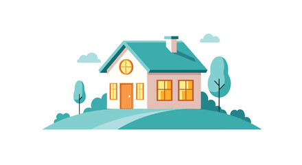 Fototapeta premium Charming flat illustration of a cozy family home with a blue roof situated on a green hill with trees and clouds.