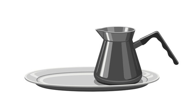 Metallic Turkish coffee pot or cezve resting on a matching serving tray in a grayscale shaded illustration for kitchen concepts.