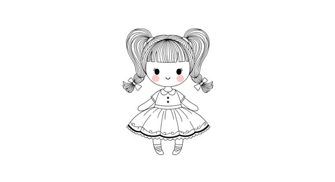 Charming line drawing of a classic rag doll girl with pigtails, a pretty dress, and rosy cheeks for coloring or craft projects.