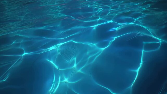 Blue water ripples with light caustics. Shimmering pool surface background.