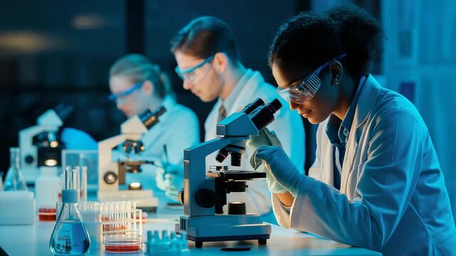 Diverse scientists in lab coats and safety goggles intently examining samples under microscopes