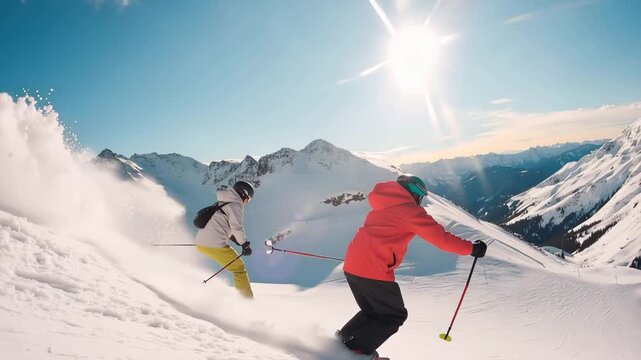 Dynamic ski descent with two skiers carving down a snowy mountain slope against a bright blue sky