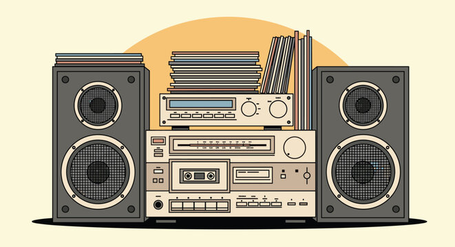 Vintage hi-fi stereo audio system including large speakers cassette player and stacks of vinyl records in a nostalgic retro vector style.