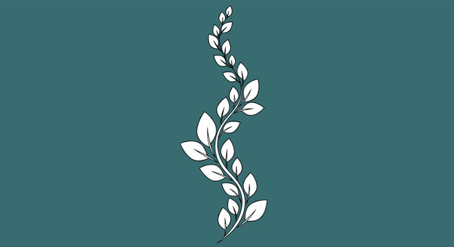 Elegant white vine with delicate leaves twisting vertically against a solid teal background in a stylized botanical vector illustration.
