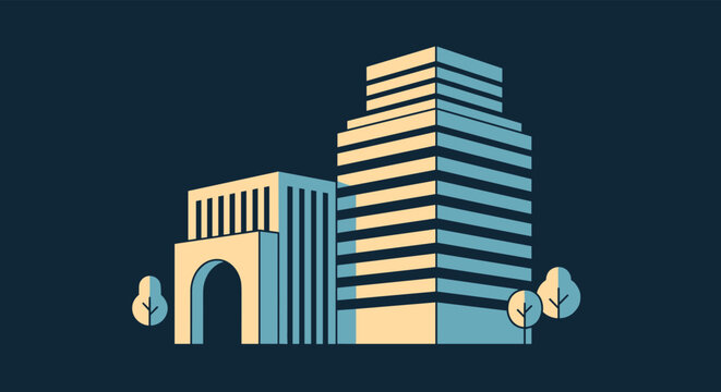 Stylized urban cityscape featuring modern high rise buildings and trees under a dark night sky in a limited palette vector illustration.