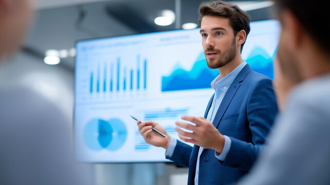 Rear view of a manager presenting a quarterly business review with charts and graphs on a screen to a seated team, QBR concept, business performance review, strategic progress