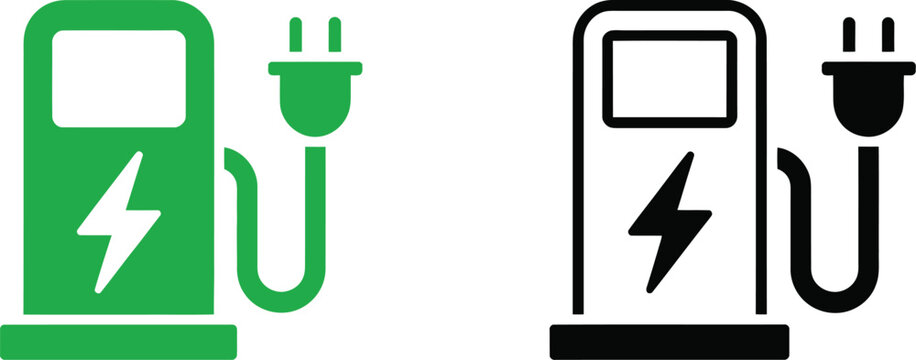 Electric vehicle charging station icon set, modern minimalist line art featuring EV plug symbols charging ports power bolt indicators and electric mobility system icons for sustainable transport desig