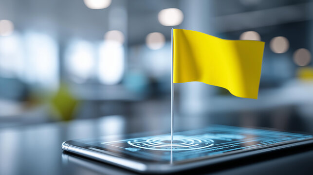 Close-up of a glowing quarterly milestone flag planted on a bright digital platform, strategic business planning concept, milestone marker visualization, goal achievement symbol,