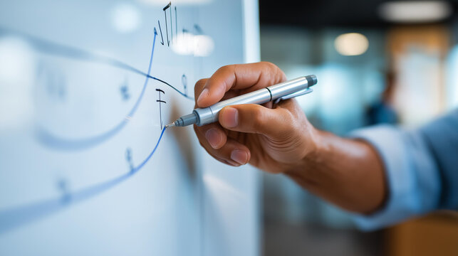 Close-up of a hand drawing a Q1 to Q4 timeline arc on a glass whiteboard with a marker, quarterly planning visualization concept, strategic milestone mapping, goal timeline