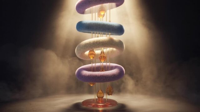 Abstract 3D animation of golden liquid drops falling through colorful fuzzy rings in smoky atmosphere