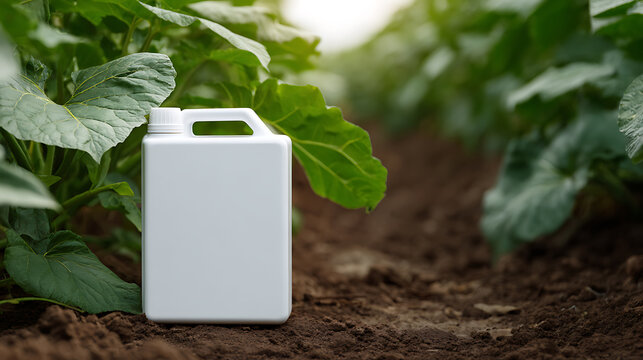 White plastic agricultural chemical container in a lush green farm field, ready for product placement and showcasing agricultural solutions