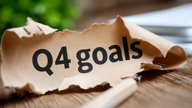 Close-up of Q4 goals text revealed behind torn brown paper on a desk, business planning concept, strategic goal reveal, corporate target discovery, with copy space