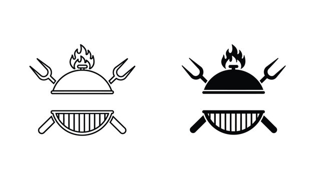 Barbecue grill with dome cover and cooking forks icon set featuring flame symbol for restaurant branding and culinary menu graphics