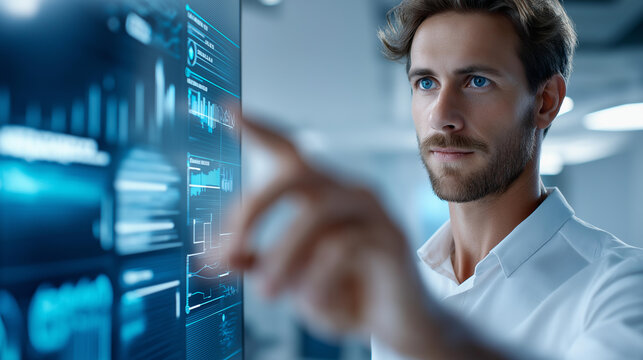 Close-up of an entrepreneur presenting a 2025 technology roadmap with quarterly goals for software upgrades on a digital screen, tech planning concept, software development