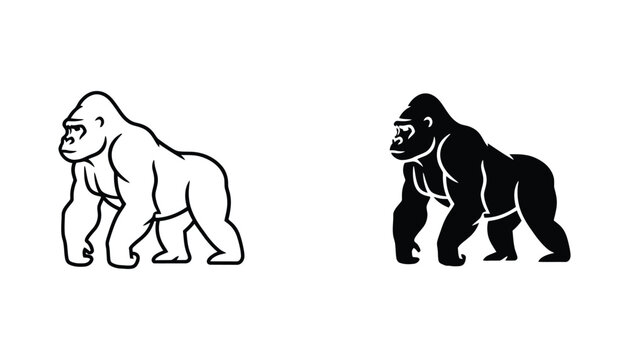 Strong silverback gorilla profile silhouette vector graphic for wildlife and safari branding in outline and solid black styles isolated on white