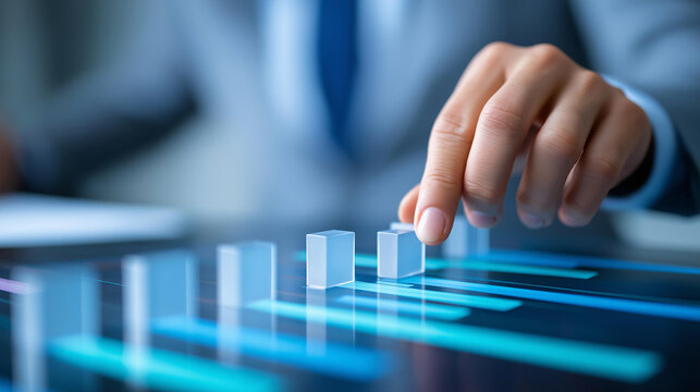 Close-up of a business hand moving a Q block along a digital chart timeline, project scheduling concept, business milestone management, strategic execution visualization,