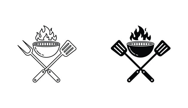 Barbecue grill with crossed fork and spatula with flame icon set in line and solid black for restaurant menu and cooking branding