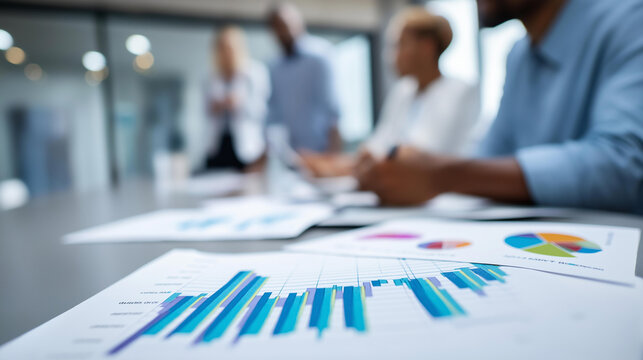 Rear view of a team meeting around a printed quarterly planning chart with finance and collaboration elements on a conference table, QBR meeting concept, cross-functional team