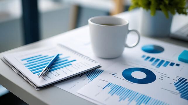 Overhead flat lay of a strategic planning table with printed charts, donut graphs and planning notes for a quarterly review, business reporting concept, QBR presentation