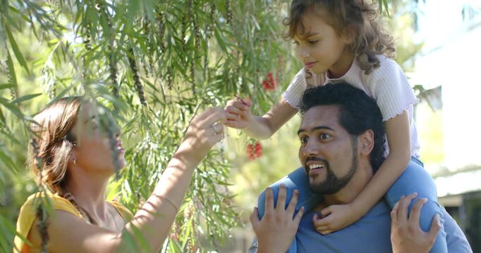 Diverse family dad holding child on shoulders, yellow-top mom reaching, offering red blooms in yard