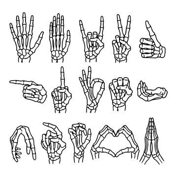 Collection of skeleton hand gestures and signs, unique hand poses for communication and art.