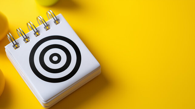 Overhead flat lay of a 2026 white desk calendar with a target dart icon on a yellow background, new year goal planning concept, business target setting, annual strategy symbol,