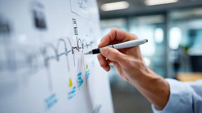 Close-up of a hand drawing a quarterly timeline on a whiteboard with progress icons and milestone markers, visual planning concept, business goal mapping, project roadmap session,