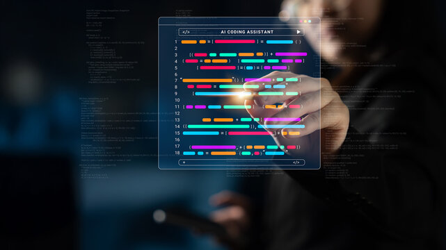A person interacts with a transparent screen displaying vibrant lines of code, illustrating the innovative collaboration between humans and AI in coding and development. Cyphers