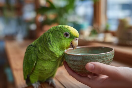 A teen offers food from a bowl while a parrot perches nearby emphasizing gentle feeding, trust building, and calm pet interaction