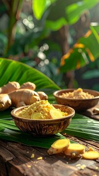 Assorted turmeric and spice powders in bowls on banana leaves.