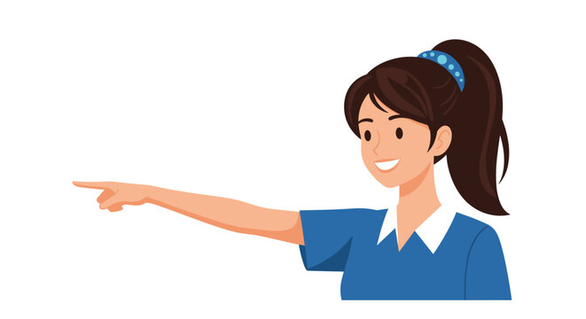 Smiling young woman with brown hair in a ponytail wearing a blue shirt and pointing her finger towards the left side of frame.