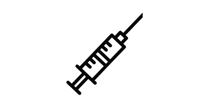 Diagonal black outline icon of a medical syringe with needle used for injections vaccinations and healthcare procedures on white.