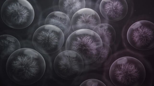 Microscopic 3D animation of biological cells or microorganisms floating in a dark environment