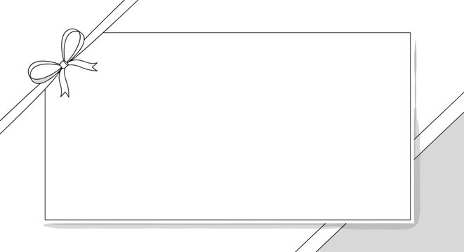 Elegant blank white horizontal card decorated with a thin ribbon and a bow in the upper left corner against a grey background.