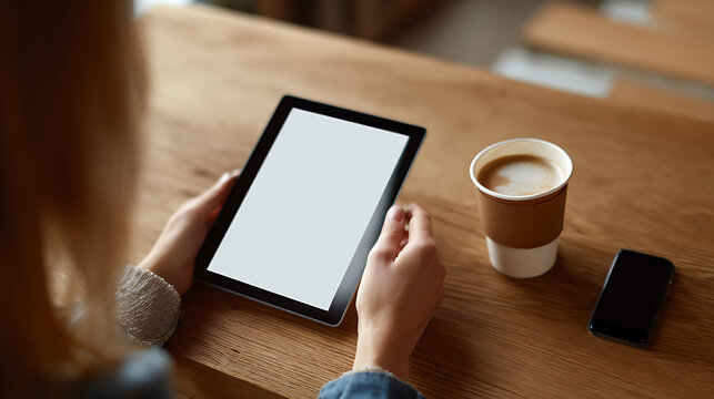 Woman's hands hold tablet with blank screen, coffee cup, and phone on wooden table. Focus on hands and devices, ideal for mockups