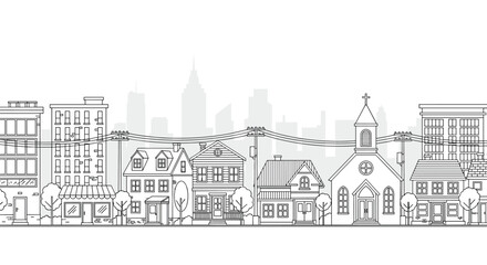 Obraz premium Panoramic black and white outline illustration of a city street with various shops houses a church and a skyline in background.