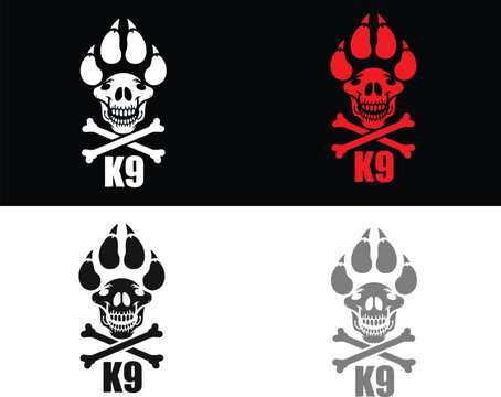 K9 dog paw print skull and crossbones logos in various colors
