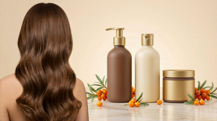 Fototapeta premium Sea buckthorn shampoo, conditioner and mask beside glossy long hair. Ideal for salon promos, haircare product pages, beauty posts and package previews.