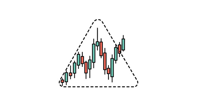 Financial candlestick chart shown within a dashed triangle shape representing technical analysis patterns for trading data.