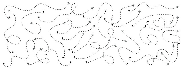 set of Route location icon, Airplane with curved dotted flig two-pin sign and dotted line. map path distance icon, pinpoint, map search, route, Route icon, two points with dotted path and location pin © SpectraSX