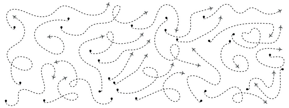 set of Route location icon, Airplane with curved dotted flig two-pin sign and dotted line. map path distance icon, pinpoint, map search, route, Route icon, two points with dotted path and location pin