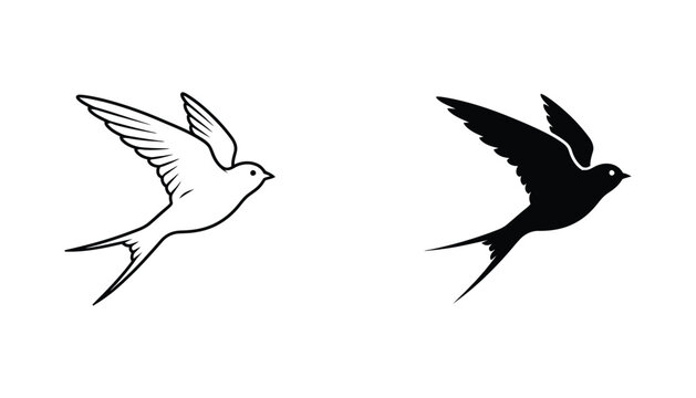 Flying swallow bird vector graphic featuring elegant wing spread silhouette and clean outline design for nature themed illustrations and minimalist logo concepts