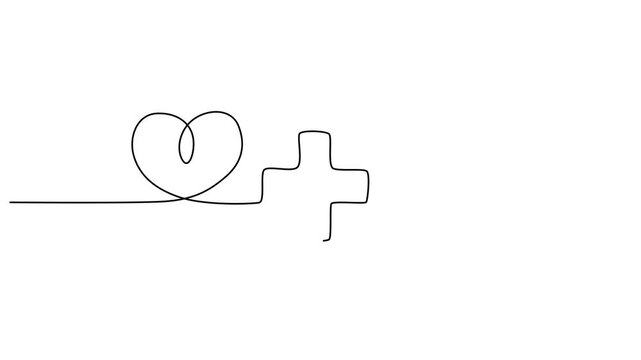 continuous one line drawing Medical, healthcare, and wellness icons, line style, heart rate and cross symbol, vector graphics video