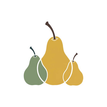 Three stylized pears of varying sizes arranged in a Zen-like composition. Features muted tones of sage green, mustard yellow, and charcoal brown for the stems. Clean, organic silhouettes with