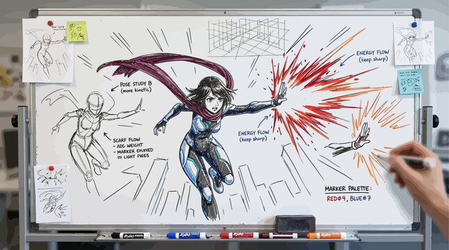 Superhero character design sketch on whiteboard with action pose and colorful explosion effect