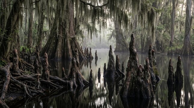 Cypress Knees Blackwater Swamp Moss Canopy &mdash; Wetland Landscape